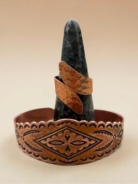 Solid Copper Etched Cuff and Bracelet + Adjustable Ring Boho Southwestern